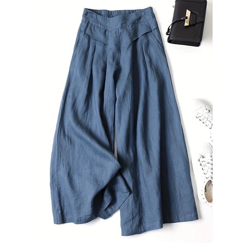 Women's Wide Leg Palazzo Pants Cotton Linen Elastic Waist Casual Pants Breathable Summer Trousers With Pockets