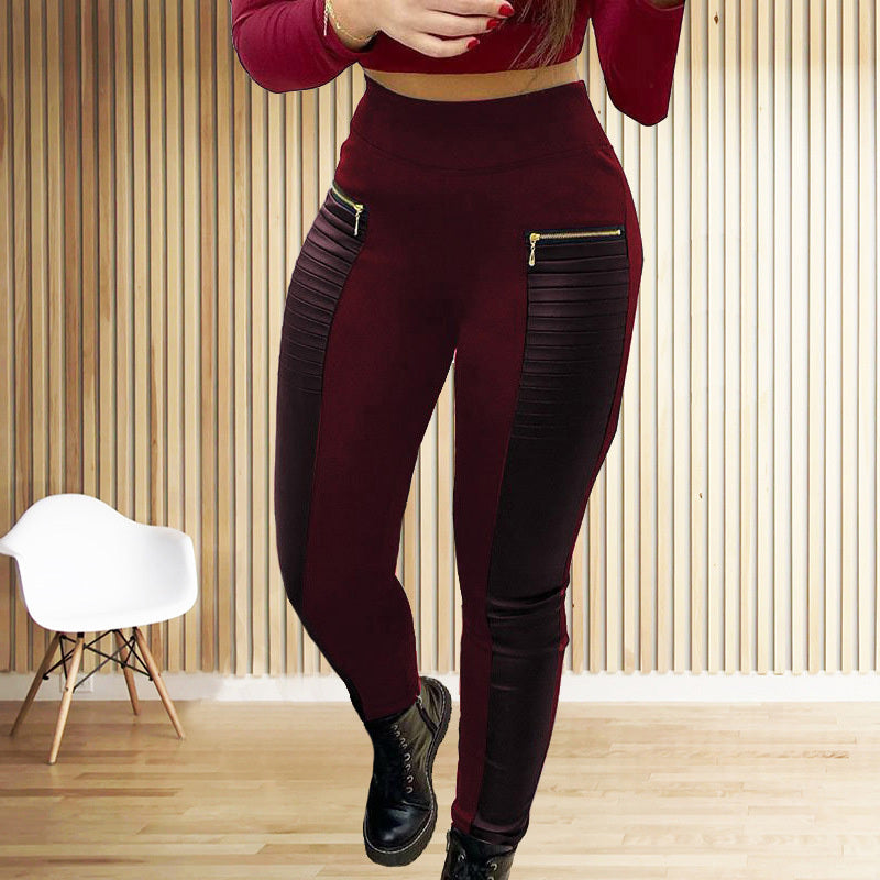 Plus Size Women's Faux Leather Splice Pants With Zip Detail Slim Fit Trousers For Spring&Fall