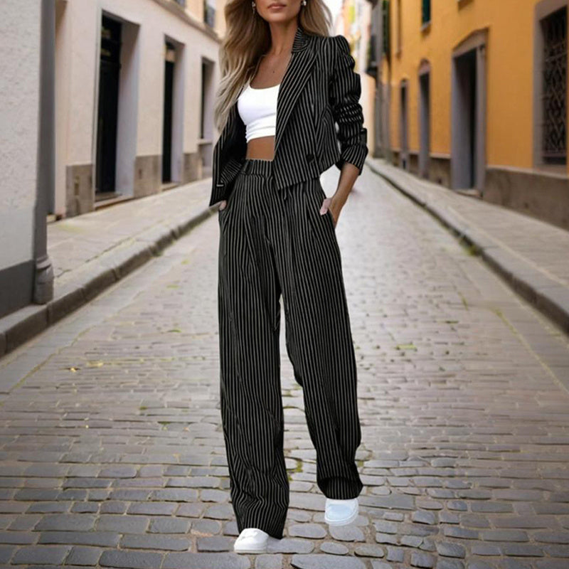 Women's Solid & Striped Long Sleeve Blazer Suit Set - Button-Up Cropped Top With Pleated Pants, Office Work Wear