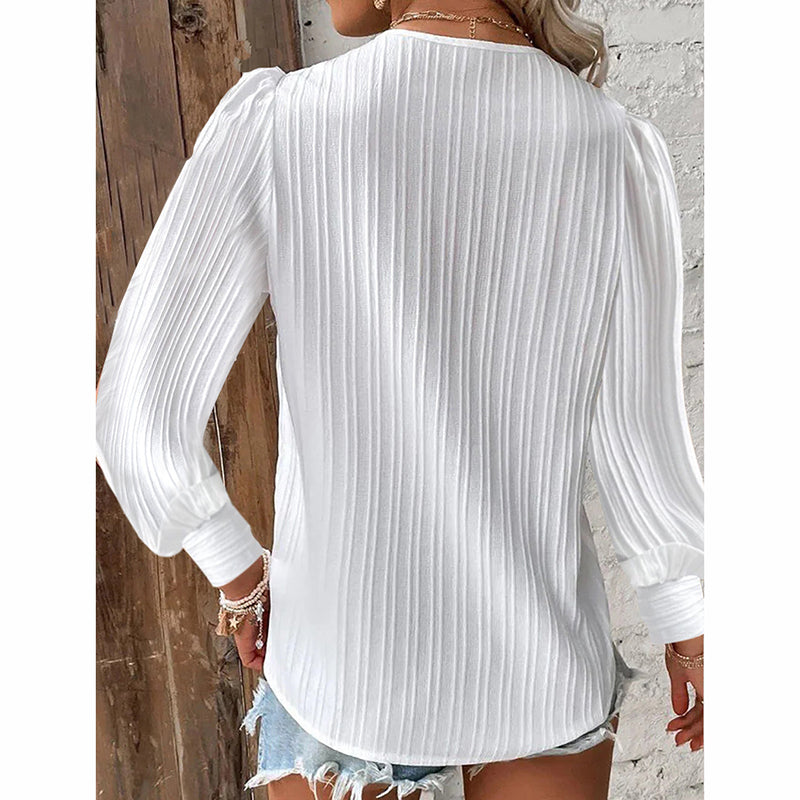 Women's Lace Trim V-Neck Blouse Puff Long Sleeve Dressy Casual Work Shirt