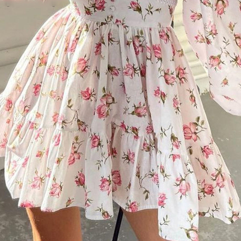 Women's Floral Puff Sleeve Mini Dress - V-Neck Ruffle Hem Casual Holiday Dress