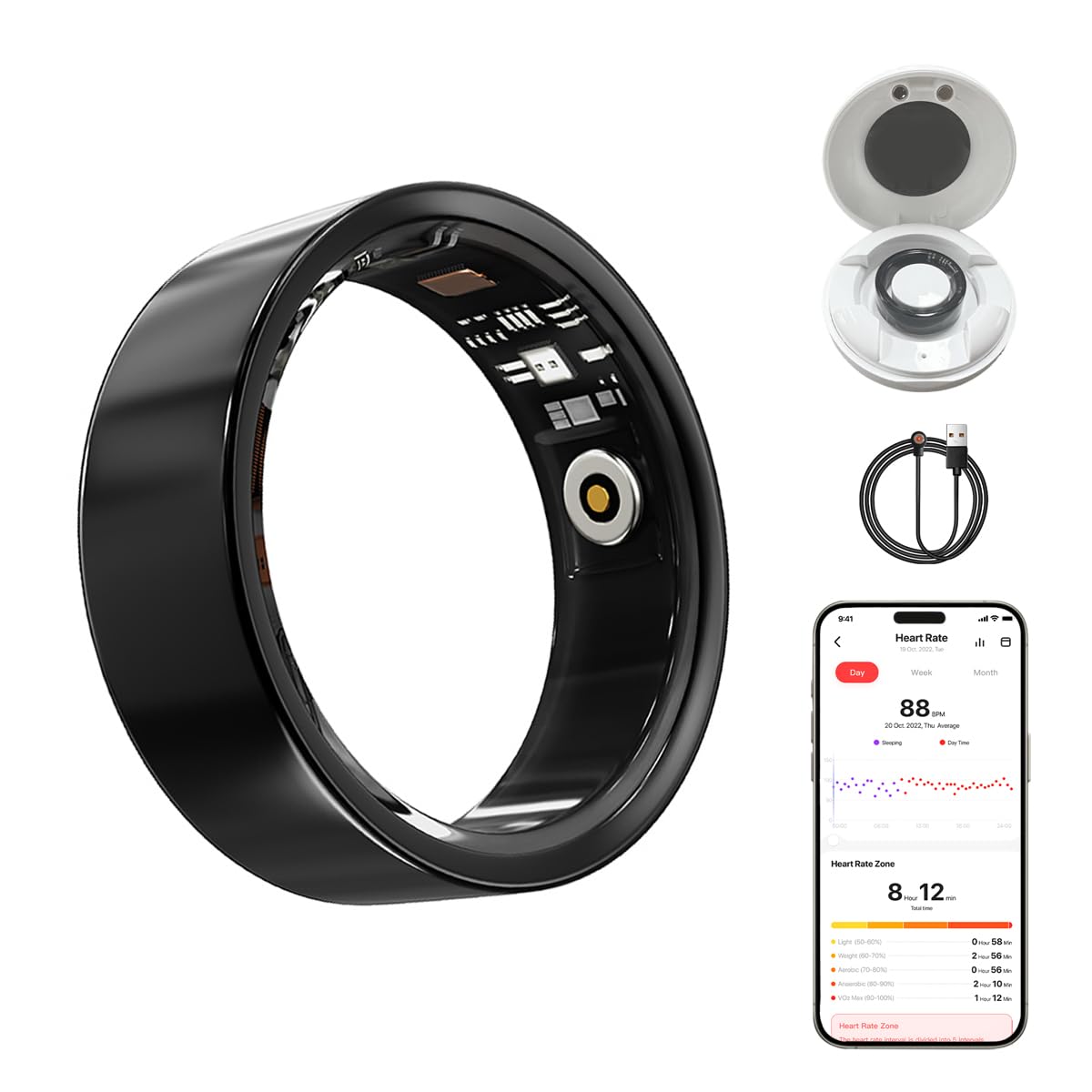 Health Smart Ring, Fitness Tracker, With Heart Rate, Blood Oxygen, Heart Rate Variability, Sleep Monitoring, Step Count, IP68 Compatible With IPhone And Android, No Subscription Fee Required