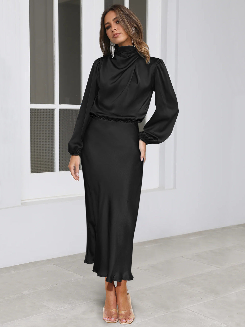 Dress Spring And Autumn Halterneck Long-sleeved Formal Dress Satin Elegant Lady Of Note Evening Dress