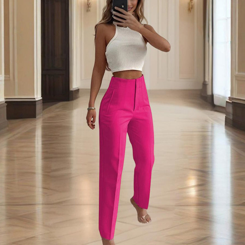 Women's High-Waisted Straight Leg Pants Casual Solid Color Pants With Button & Zipper Detail Comfortable Trousers With Pockets
