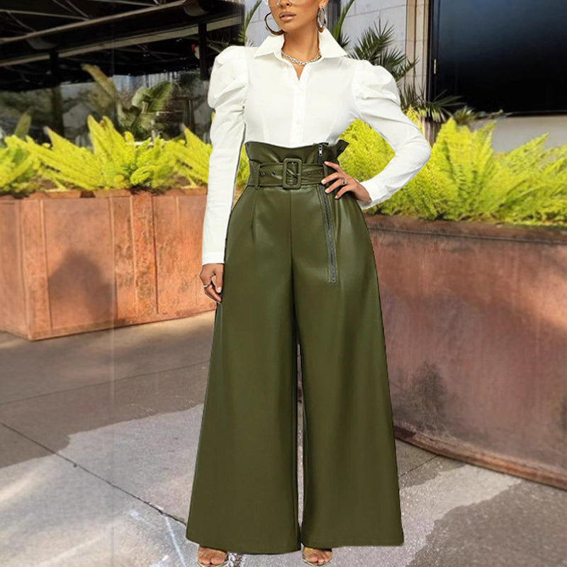 Women's Fashion High-Waisted PU Wide-Leg Pants, Solid Color Metal Belt Detail Trousers With Pockets