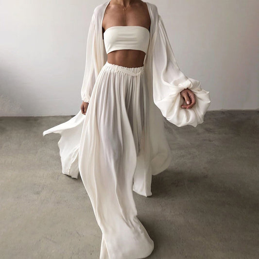 Women's Solid 3-Piece Set Lantern Sleeve Long Cardigan & Short Tube Top & Wide Leg Trousers With Drawstring Spring Summer Fashion Flowy Outfit