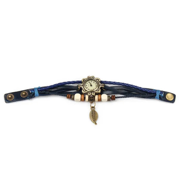 Beautiful Bohemian Style Retro Handmade Leather Tree Leaf Women's Watches Blue