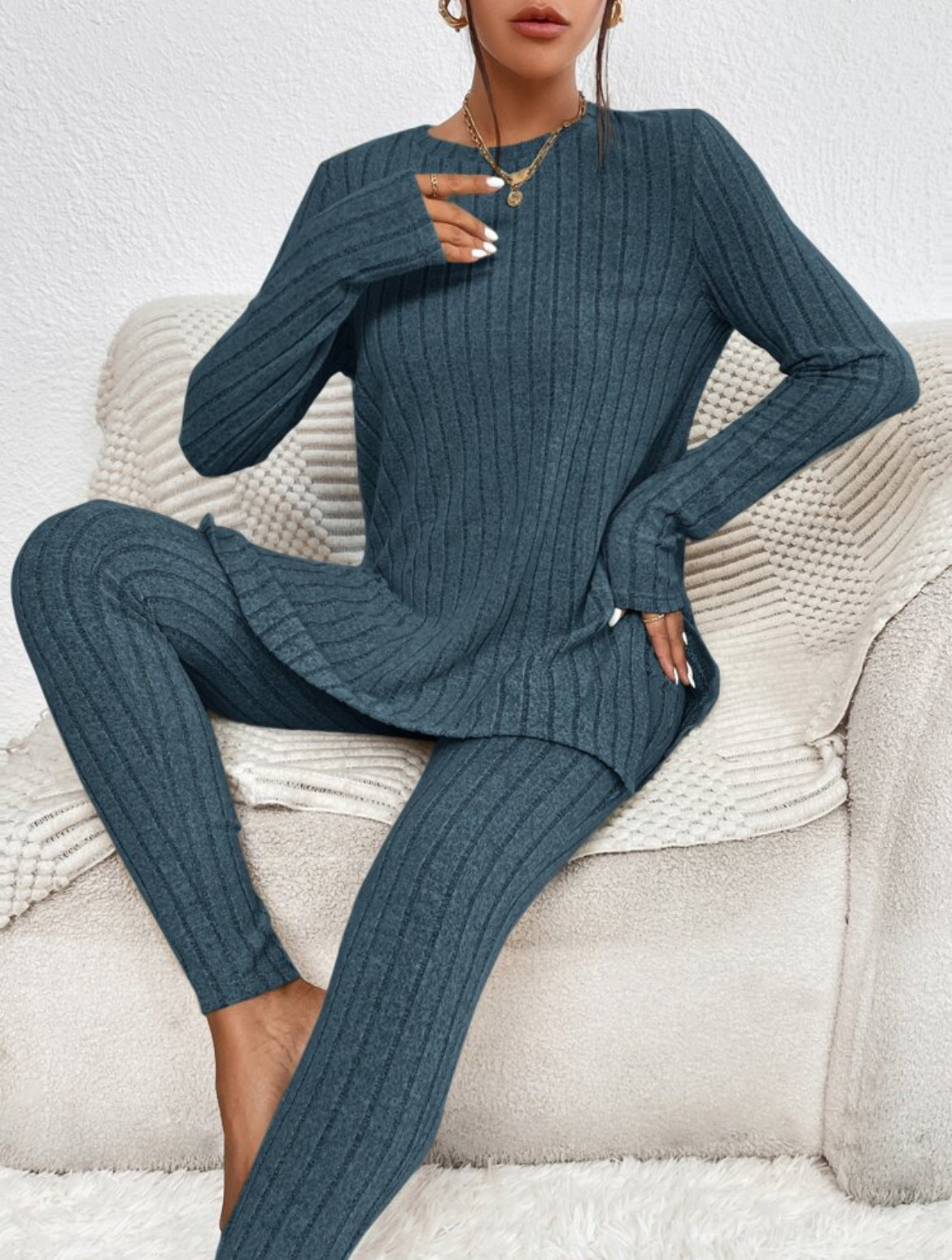 Fashion Casual Long Sleeve Split Irregular Round-neck Shirt Trousers Suit
