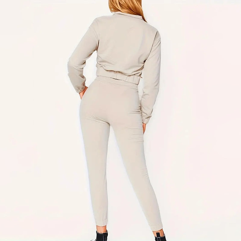 Women's Two Piece Set Cropped Long Sleeve Top With Drawstring Pocket Pants Casual Outfit Zipper Detail Tracksuit