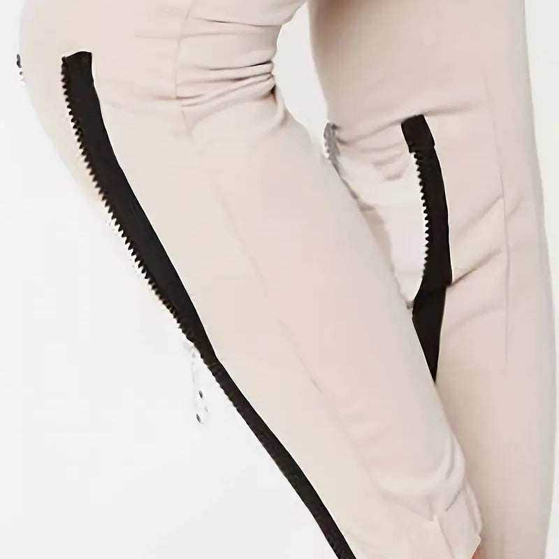 Women's Two Piece Set Cropped Long Sleeve Top With Drawstring Pocket Pants Casual Outfit Zipper Detail Tracksuit