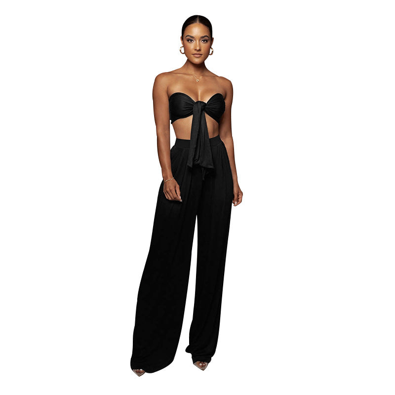 Women's Pure Color Tied Tube Top Mid-waist Wide-leg Pants Two-piece Set