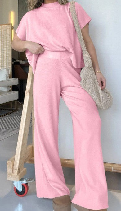 Women's Solid Color Knitted Crew Neck Casual Suit