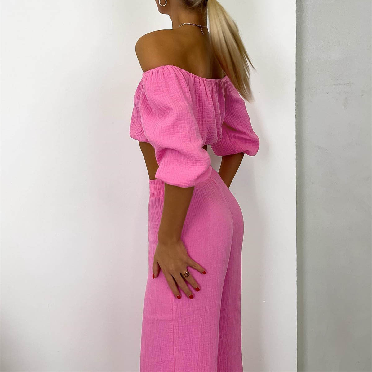 Women's Summer Pure Cotton Solid Color Off-shoulder Top Wide Leg Pants Casual Suit