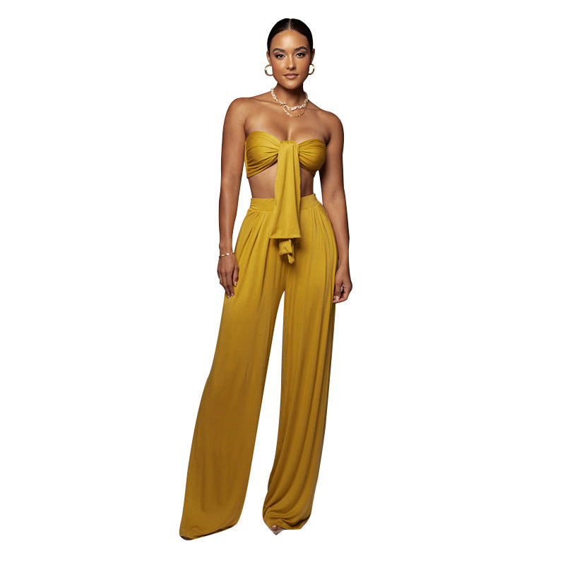 Women's Pure Color Tied Tube Top Mid-waist Wide-leg Pants Two-piece Set