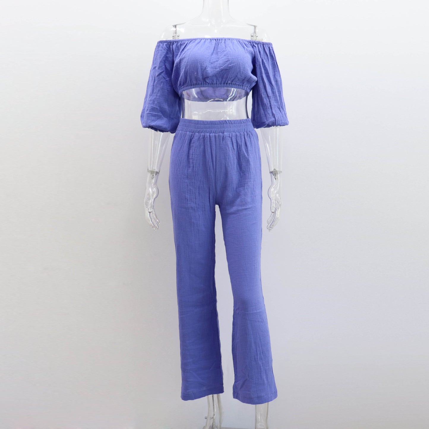 Women's Summer Pure Cotton Solid Color Off-shoulder Top Wide Leg Pants Casual Suit