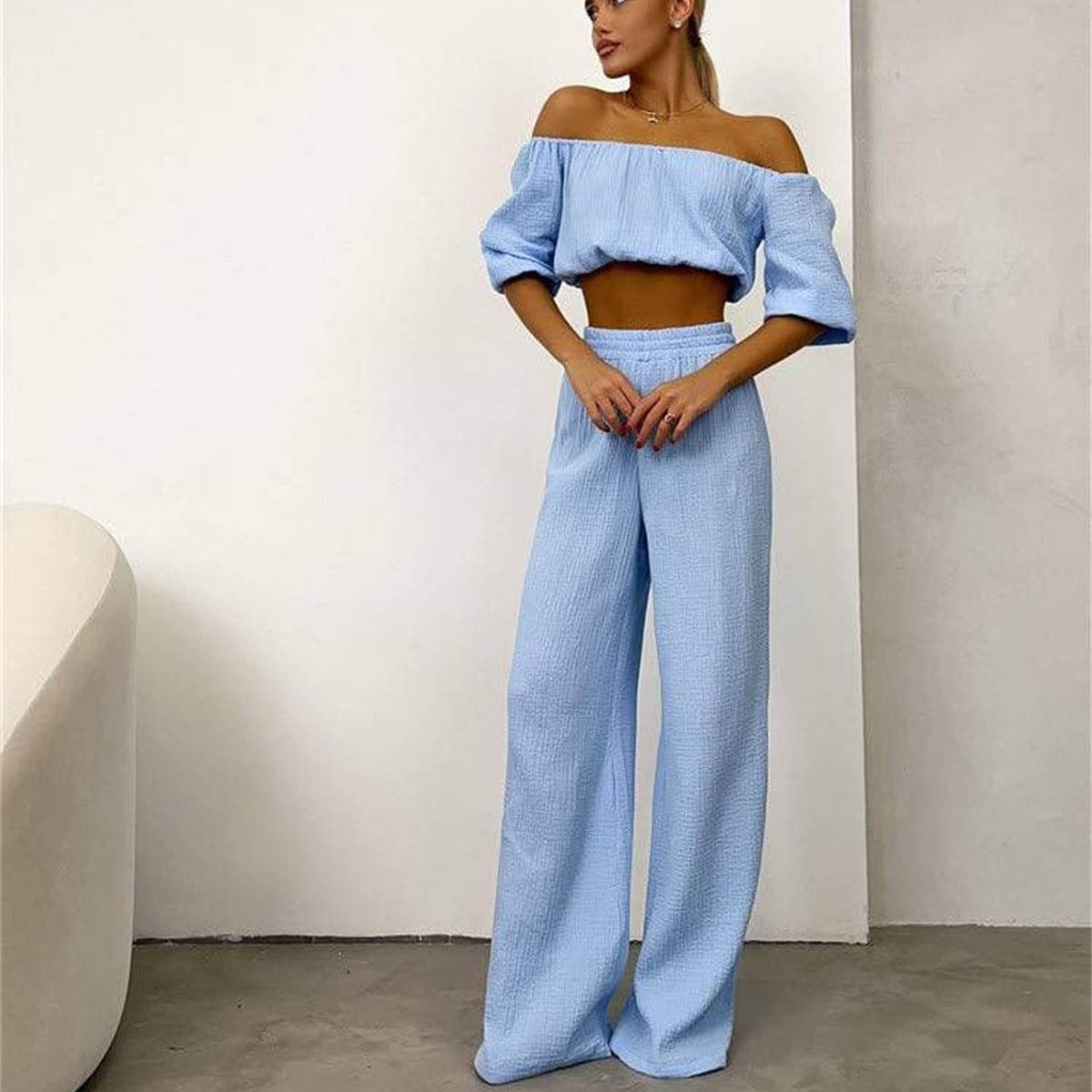 Women's Summer Pure Cotton Solid Color Off-shoulder Top Wide Leg Pants Casual Suit