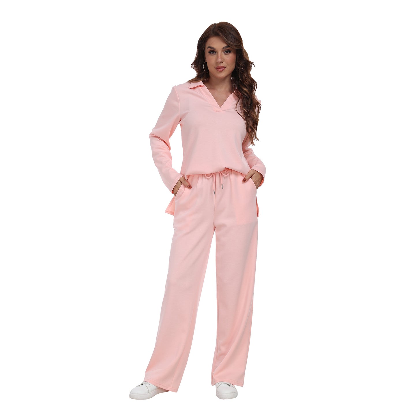 RONGTAI 2 Piece Outfits Sweatsuit For Women Casual Long Sleeve V Neck Pullover Tracksuit Solid Soft Comfy Tracksuits Set