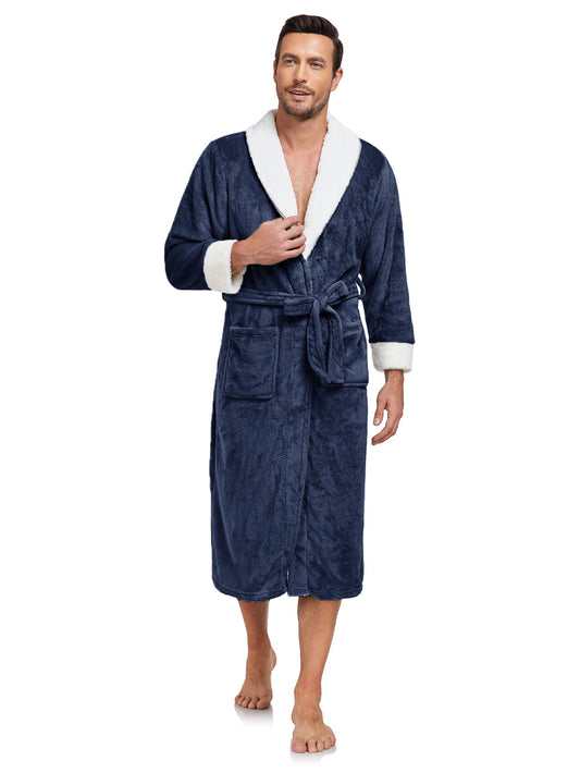 RONGTAI Men's Plush Long Bathrobe, Soft And Warm, Full Length, Shawl Collar, Fleece