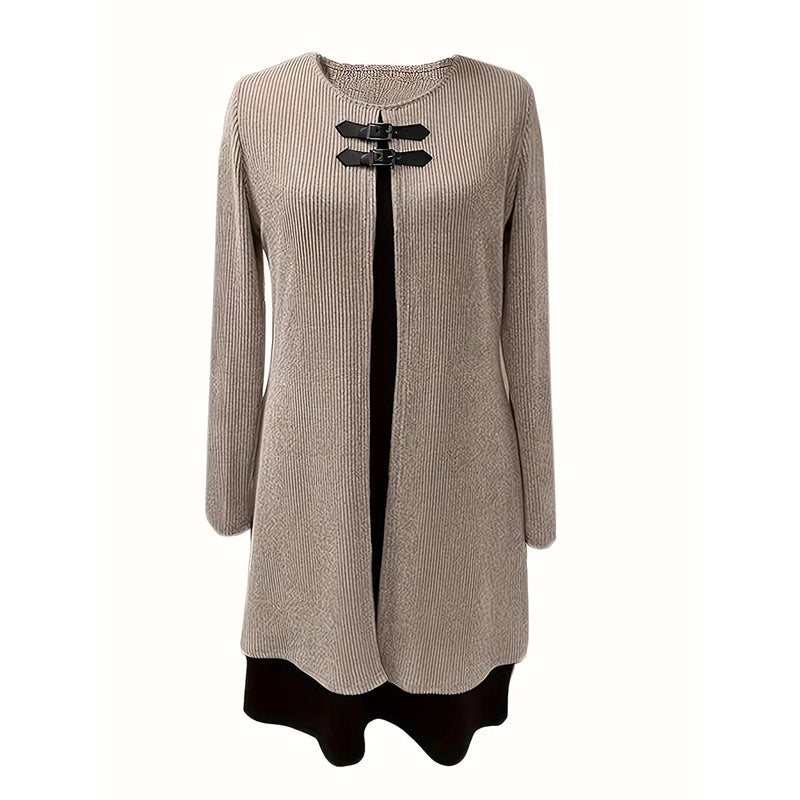 Women's Color-Block Midi Dress, Long Sleeve Faux Two-Piece Daily Dress