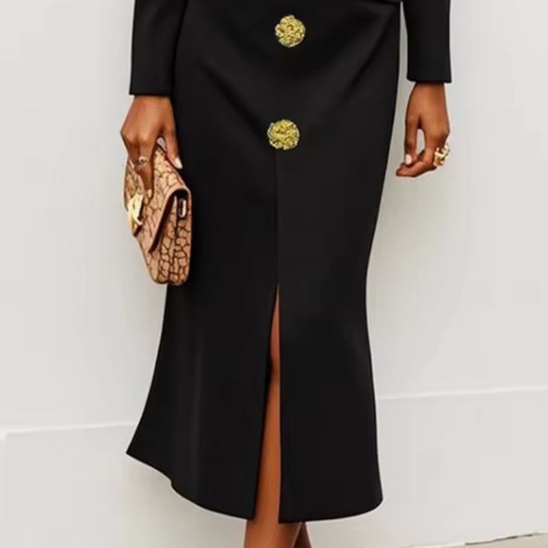 Women's Solid Color Long Sleeve Bodycon Elegant Button Midi Dress With Slit Spring Fall Fashion Bow Accent Dress