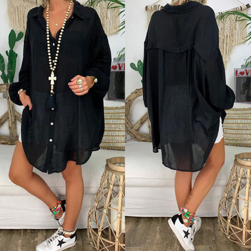 Plus Size Women's Solid Color Notch Lapel Long Sleeve Dress With Button Front Sheer Lightweight Midi Dress For Summer