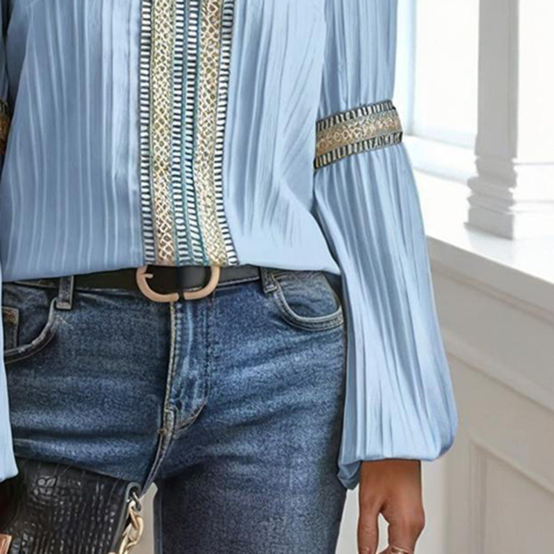 Boho Chic Colorblock Top, Women's Patchwork Blouse With V Neck And Lantern Sleeves