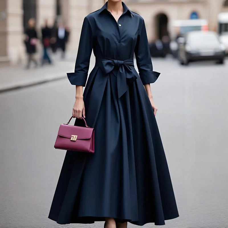 Women's Button Down Midi Dress, Long Sleeve V-Neck Tie Waist Casual Dress