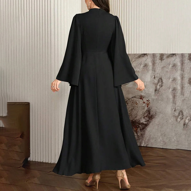 Women's Middle Eastern Flare Sleeve Maxi Dress, High Neck Twist Waist A-Line Gown