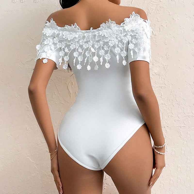 Women's Off Shoulder Short Sleeve Bodysuit Sexy Lace Bodycon Top