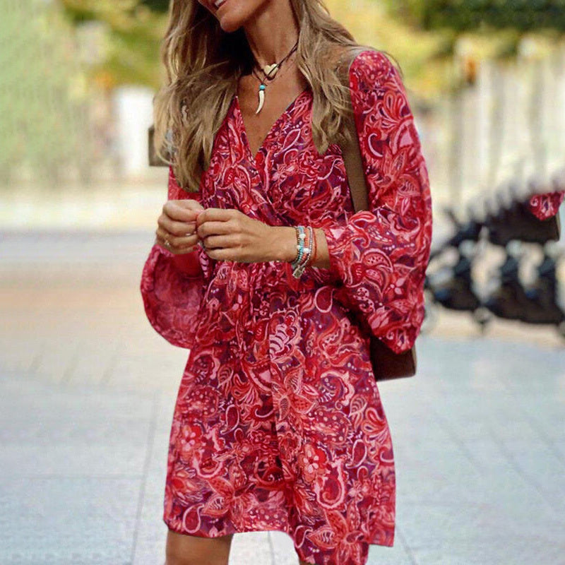 Plus Size Women's Floral Print V-Neck Dress With Drawstring Waist - Bohemian Knee-Length Summer Vacation Dress