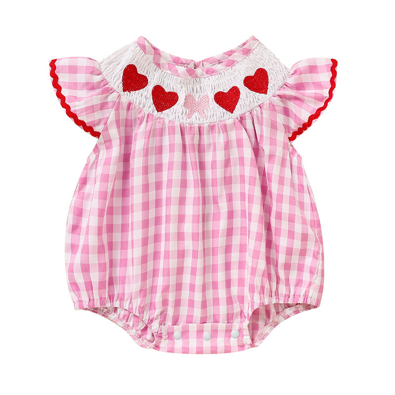 Newborn Baby Girls' Valentine's Day Smocked Romper Ruffle Sleeve Plaid Heart Embroidery Jumpsuit Casual Cute Romper