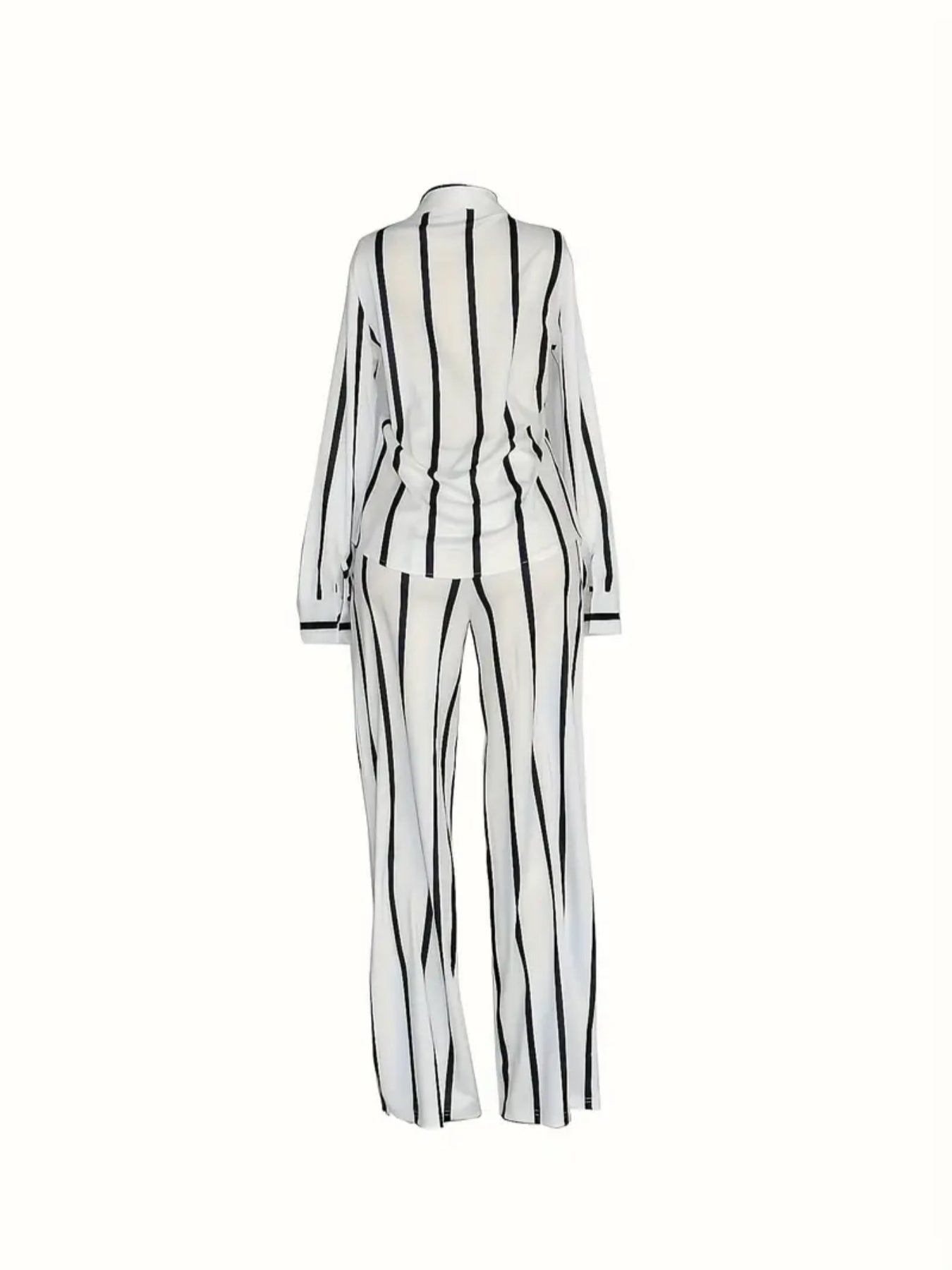2025 New Stripe Printed Two Piece Set, Button Front Collar Long Sleeve Shirt&High Waist Wide Leg Loose Pants Set, Fashionable Women's Wear