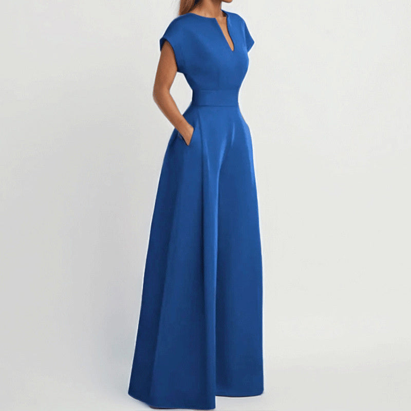 Women's V-Neck Solid Color Short Sleeve Jumpsuit Wide Leg A-Line Waist Tied Casual Summer Outfit