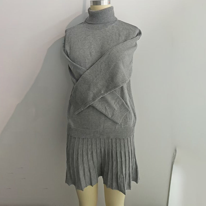 Women's Ribbed Knit Two Piece Set, Long Sleeve Turtleneck Pullover And Mini Skirt Outfit