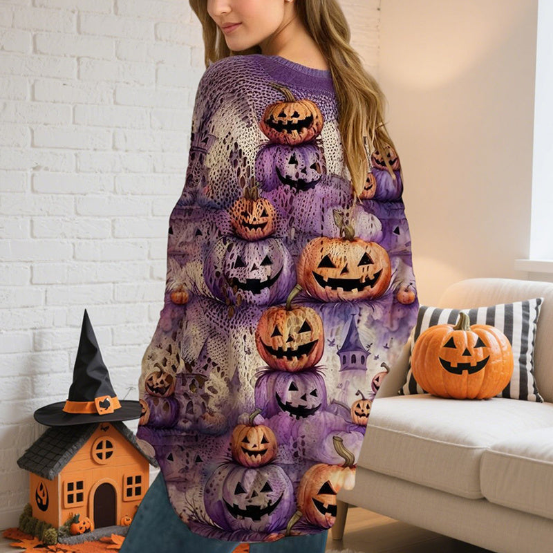 Women's Diamond Hollow Out Batwing Sleeve Top - Loose Fit Pumpkin Halloween Print Blouse For Spring Summer