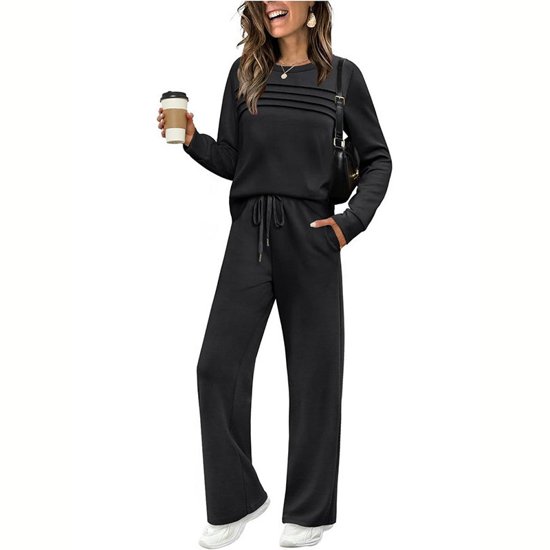 Women's Solid Color 2-Piece Set, Crew Neck Long Sleeve Ruffle Design Top With Tie-Waist Wide Leg Pants For Spring And Fall