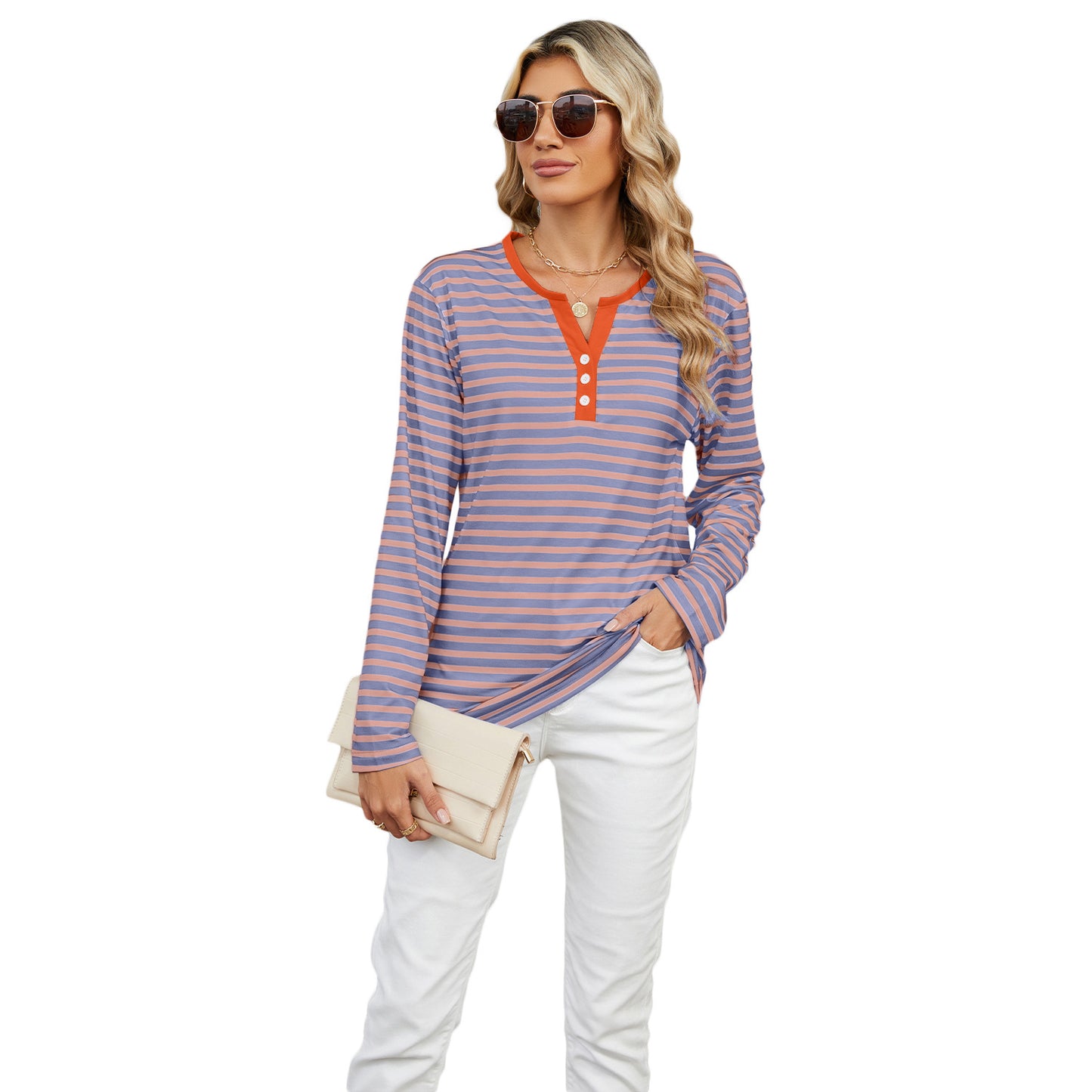 Women's V-neck Striped Loose Long-sleeved T-shirt Top