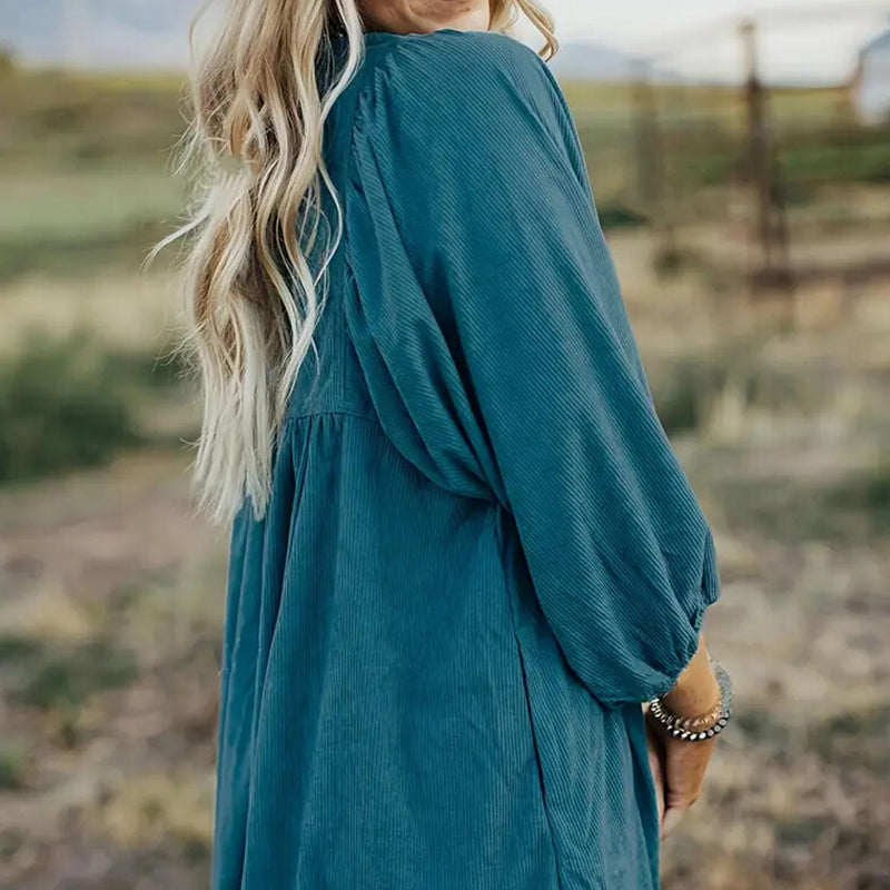 Women's Corduroy Empire Waist Dress, Button Up 3 4 Sleeve Mini Dress For Fall Winter