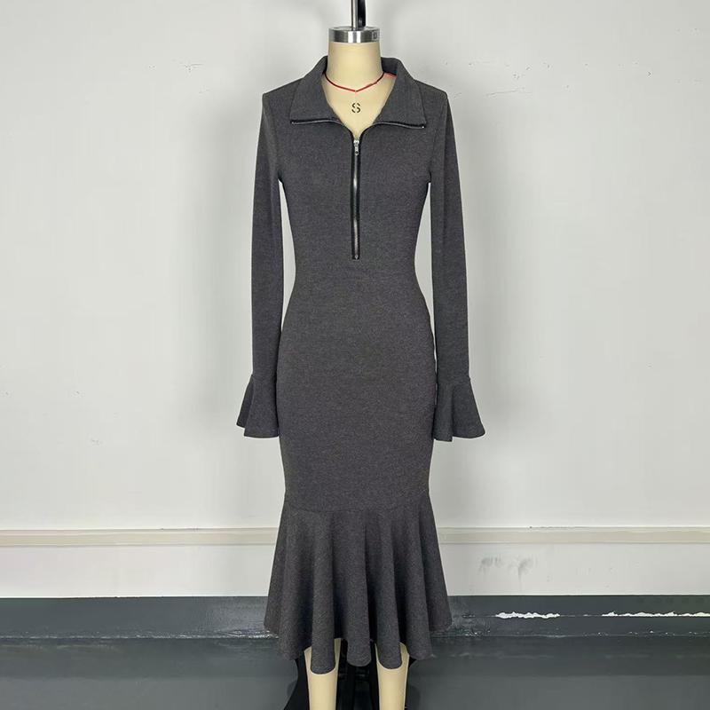 Women's Half Zip Bodycon Dress - Flared Sleeve & Fishtail Hem Long Sleeve Dress