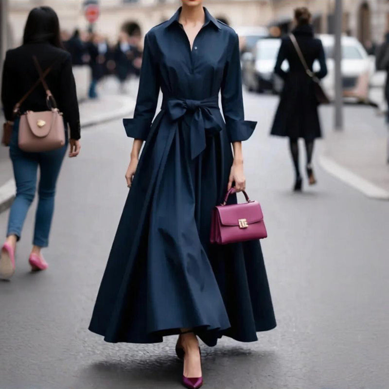 Women's Button Down Midi Dress, Long Sleeve V-Neck Tie Waist Casual Dress