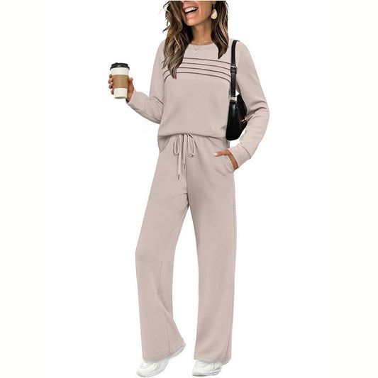 Women's Solid Color 2-Piece Set, Crew Neck Long Sleeve Ruffle Design Top With Tie-Waist Wide Leg Pants For Spring And Fall
