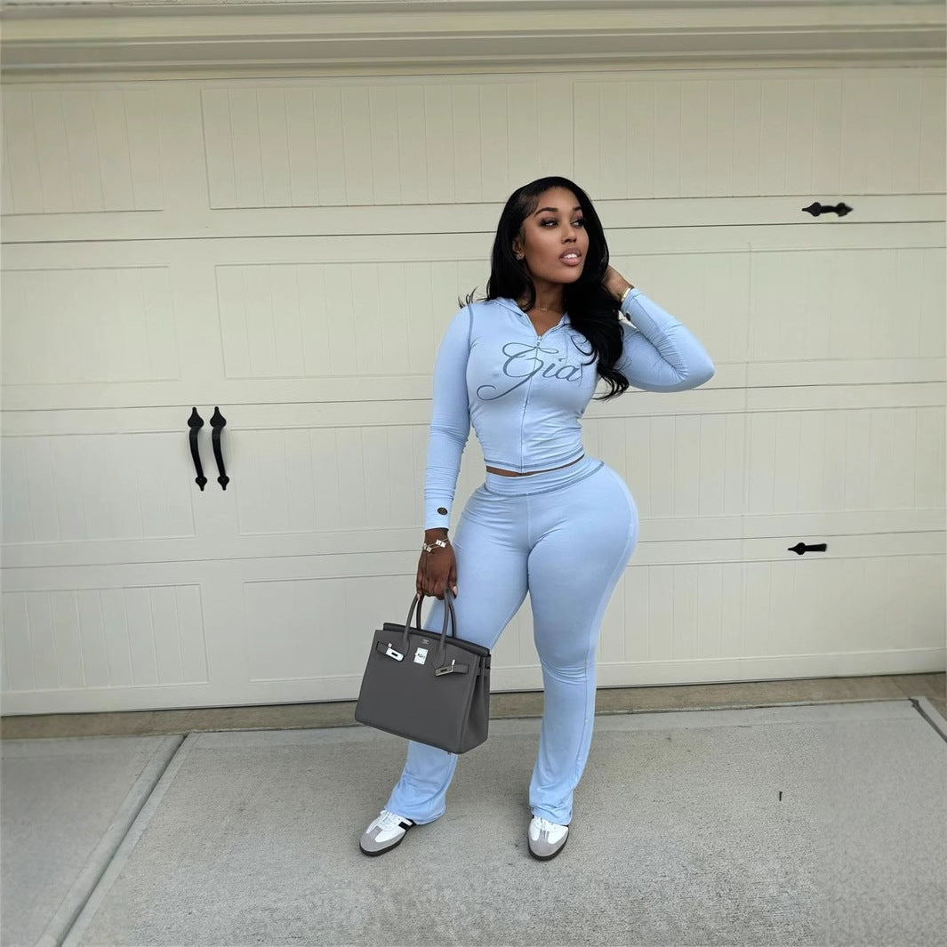 Solid Color Short Hood Top And Trousers
