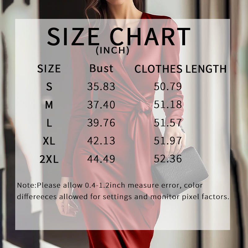 Women's Burgundy Satin Midi Dress Elegant V-Neck Long Sleeve Bodycon Dress With Belted Waist