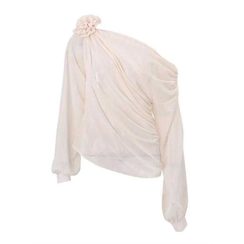 Women's Off Shoulder Tops Elegant Long Sleeve Asymmetrical Neck Ruched Chiffon Blouse Shirts Going Out Top Y2k Shirts