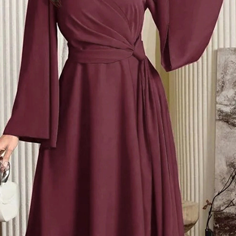 Women's Middle Eastern Flare Sleeve Maxi Dress, High Neck Twist Waist A-Line Gown
