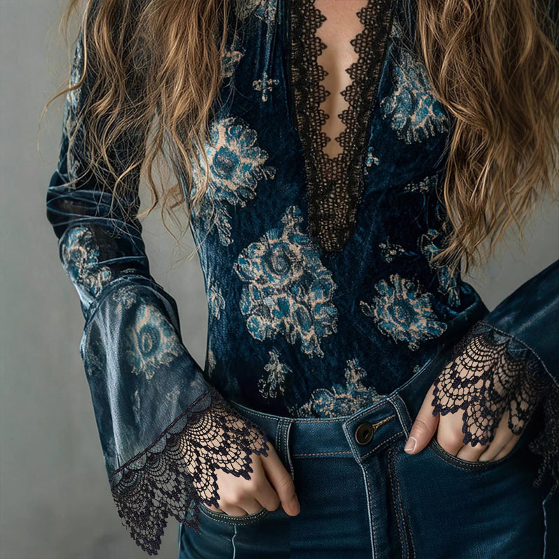 Women's Retro Lace Panel Blouse Elegant V-Neck Print Bell Long Sleeve Top For Spring Autumn Daily Wear
