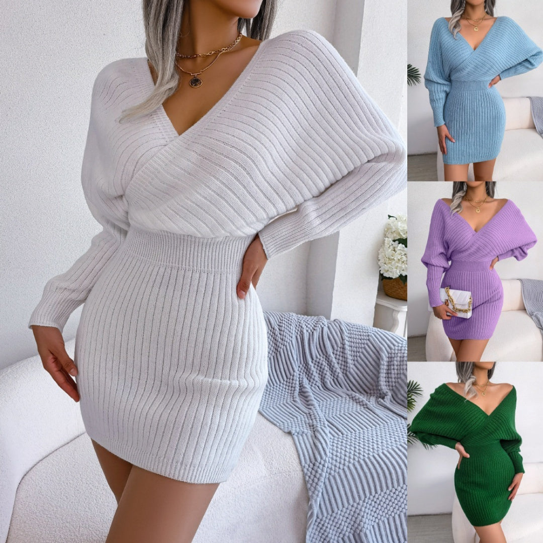 2025 Autumn-Winter Sexy Cross V-neck Bat Skirt With Hip Wrapping, Hairy Dress
