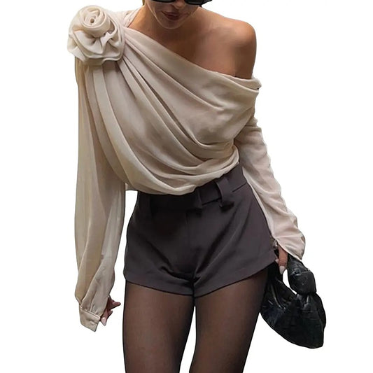 Women's Off Shoulder Tops Elegant Long Sleeve Asymmetrical Neck Ruched Chiffon Blouse Shirts Going Out Top Y2k Shirts