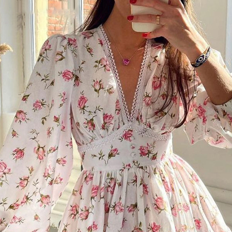 Women's Floral Puff Sleeve Mini Dress - V-Neck Ruffle Hem Casual Holiday Dress