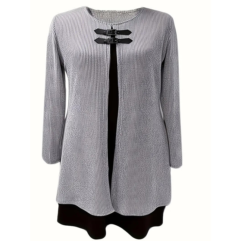 Women's Color-Block Midi Dress, Long Sleeve Faux Two-Piece Daily Dress